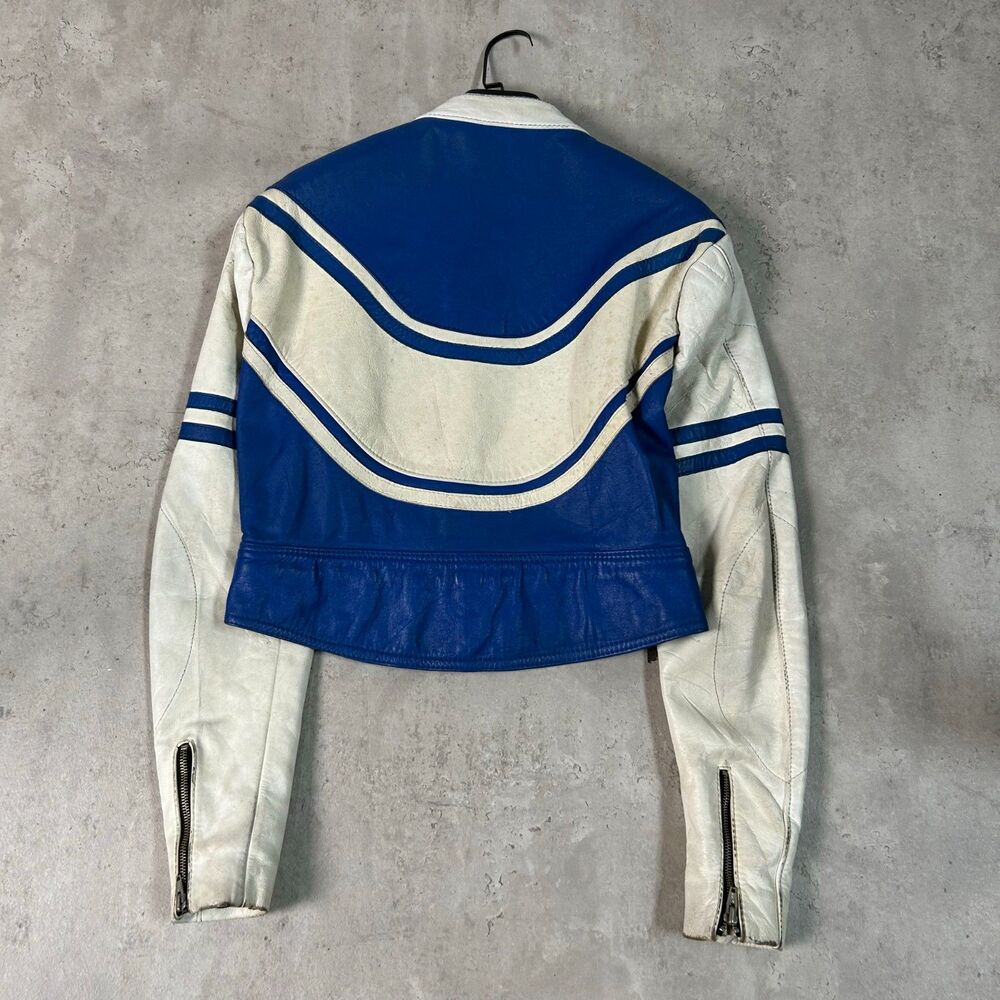 Blue White Cropped Zip Moto Style Jacket Stripe Panels